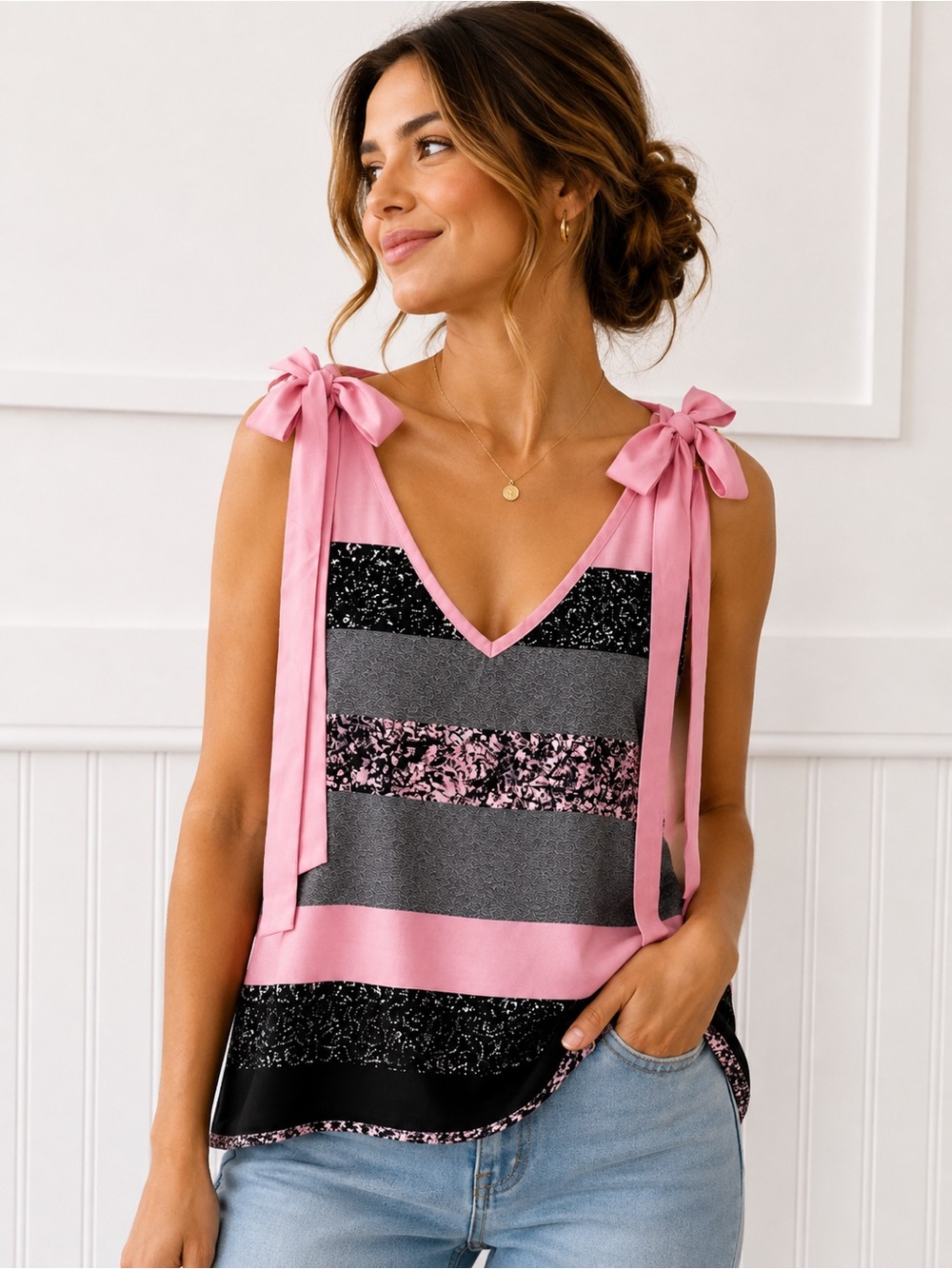 Sleeveless V-Neck Tie-Shoulder Tank Top in Pink and Black